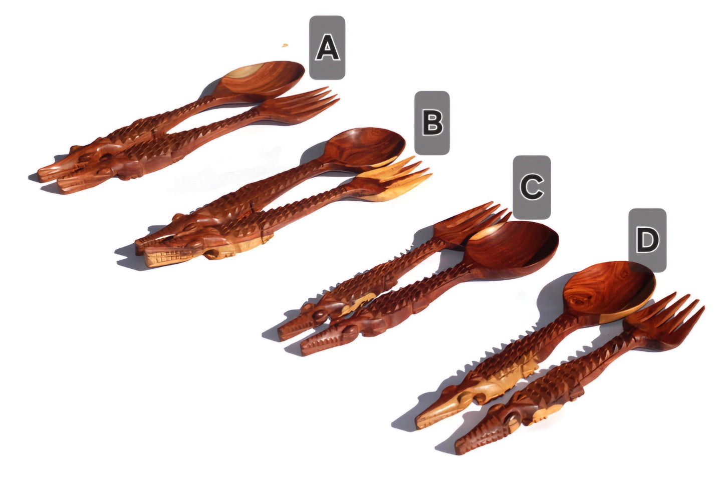 Brown Crocodile themed Teak Wood Spoon and Spork/ Fork Giftsets. Zambian hand Carved lifelike Artwork for use, wall or table decor gifts
