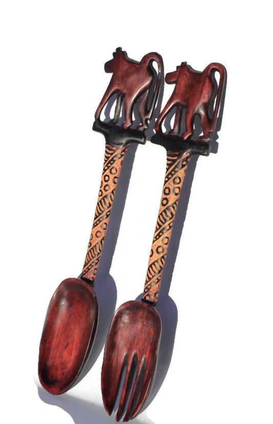 Dark Brown Baboon themed Olive Wood Spoon and Spork/ Fork Giftsets. Zimbabwe hand Carved and gouged Artwork for wall or table decor gifts