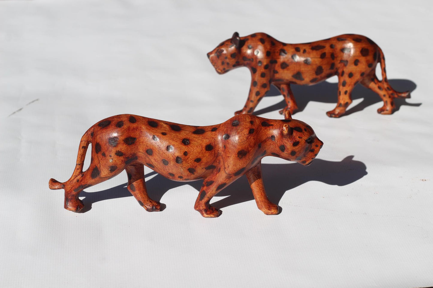 Walking Leopard Figurine. Inner Olive wood brown polished and burnt spots hand carved big cat Sculpture. African art Decor Gifts. 2 in Stock