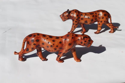 Walking Leopard Figurine. Inner Olive wood brown polished and burnt spots hand carved big cat Sculpture. African art Decor Gifts. 2 in Stock