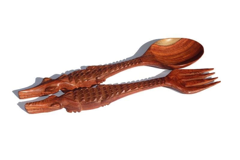 Brown Crocodile themed Teak Wood Spoon and Spork/ Fork Giftsets. Zambian hand Carved lifelike Artwork for use, wall or table decor gifts