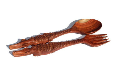 Brown Crocodile themed Teak Wood Spoon and Spork/ Fork Giftsets. Zambian hand Carved lifelike Artwork for use, wall or table decor gifts