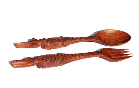 Brown Crocodile themed Teak Wood Spoon and Spork/ Fork Giftsets. Zambian hand Carved lifelike Artwork for use, wall or table decor gifts