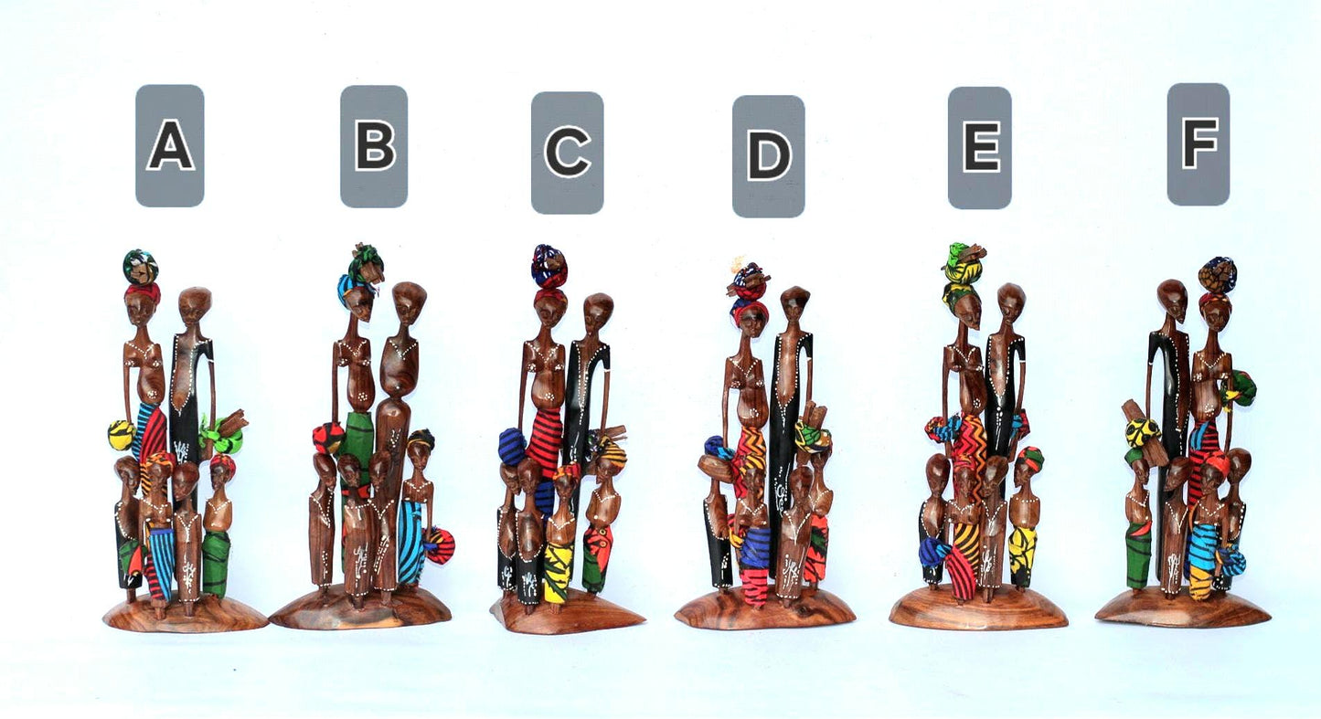 Tall Mozambique Sandalwood carved Maasai Family of 6 or 10. Handmade African Art Decorations. Kitenge Clothed, Painted Sculptures/Figurines