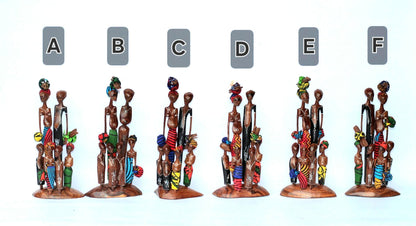 Tall Mozambique Sandalwood carved Maasai Family of 6 or 10. Handmade African Art Decorations. Kitenge Clothed, Painted Sculptures/Figurines
