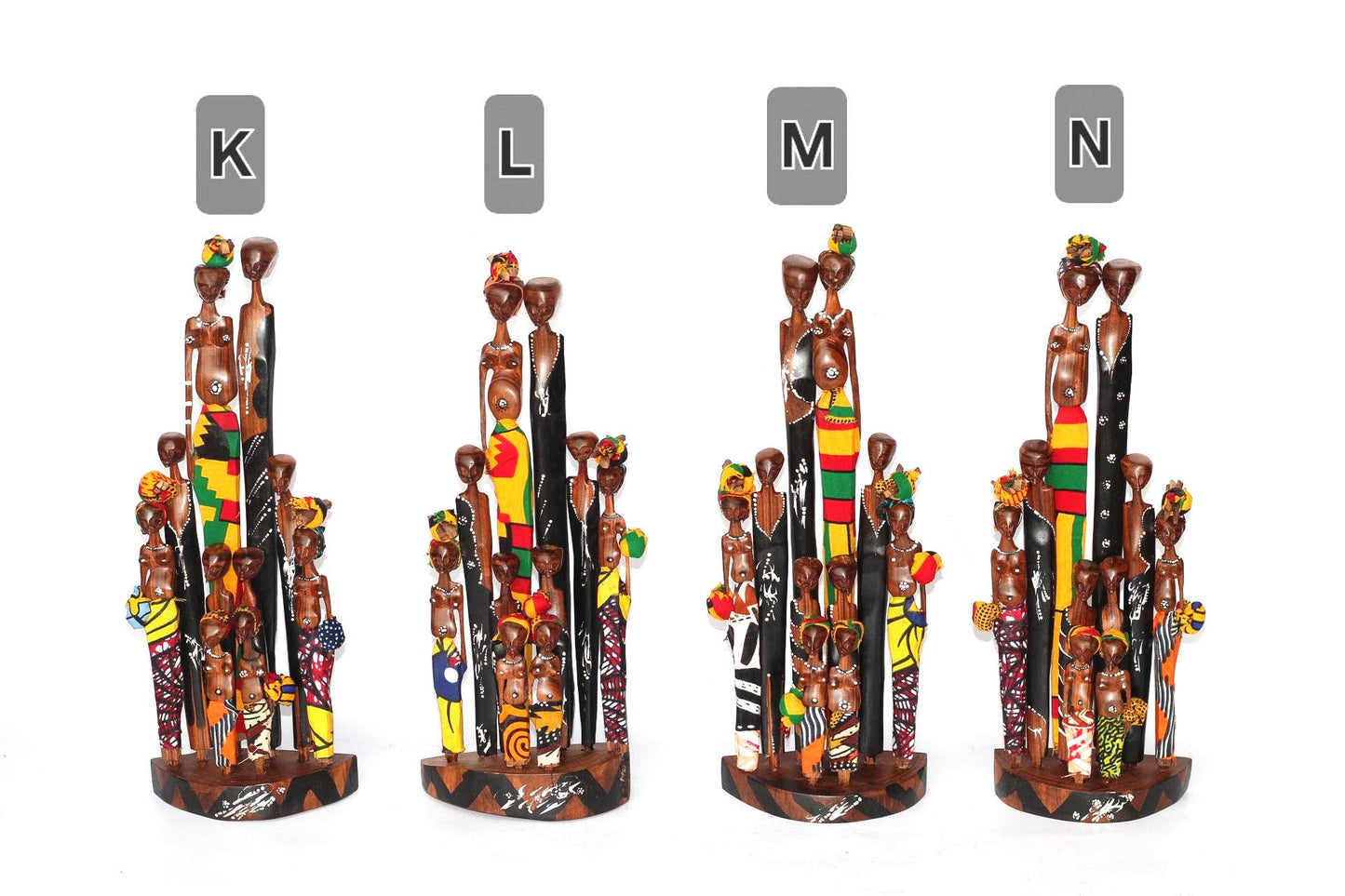 Tall Mozambique Sandalwood carved Maasai Family of 6 or 10. Handmade African Art Decorations. Kitenge Clothed, Painted Sculptures/Figurines