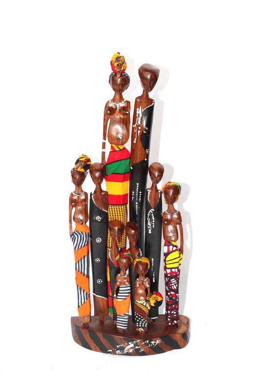 Tall Mozambique Sandalwood carved Maasai Family of 6 or 10. Handmade African Art Decorations. Kitenge Clothed, Painted Sculptures/Figurines