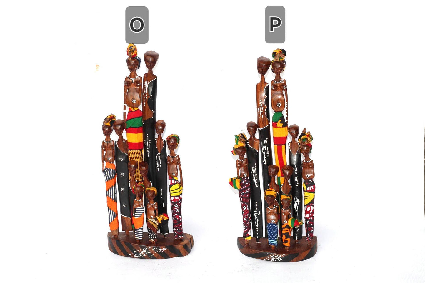 Tall Mozambique Sandalwood carved Maasai Family of 6 or 10. Handmade African Art Decorations. Kitenge Clothed, Painted Sculptures/Figurines