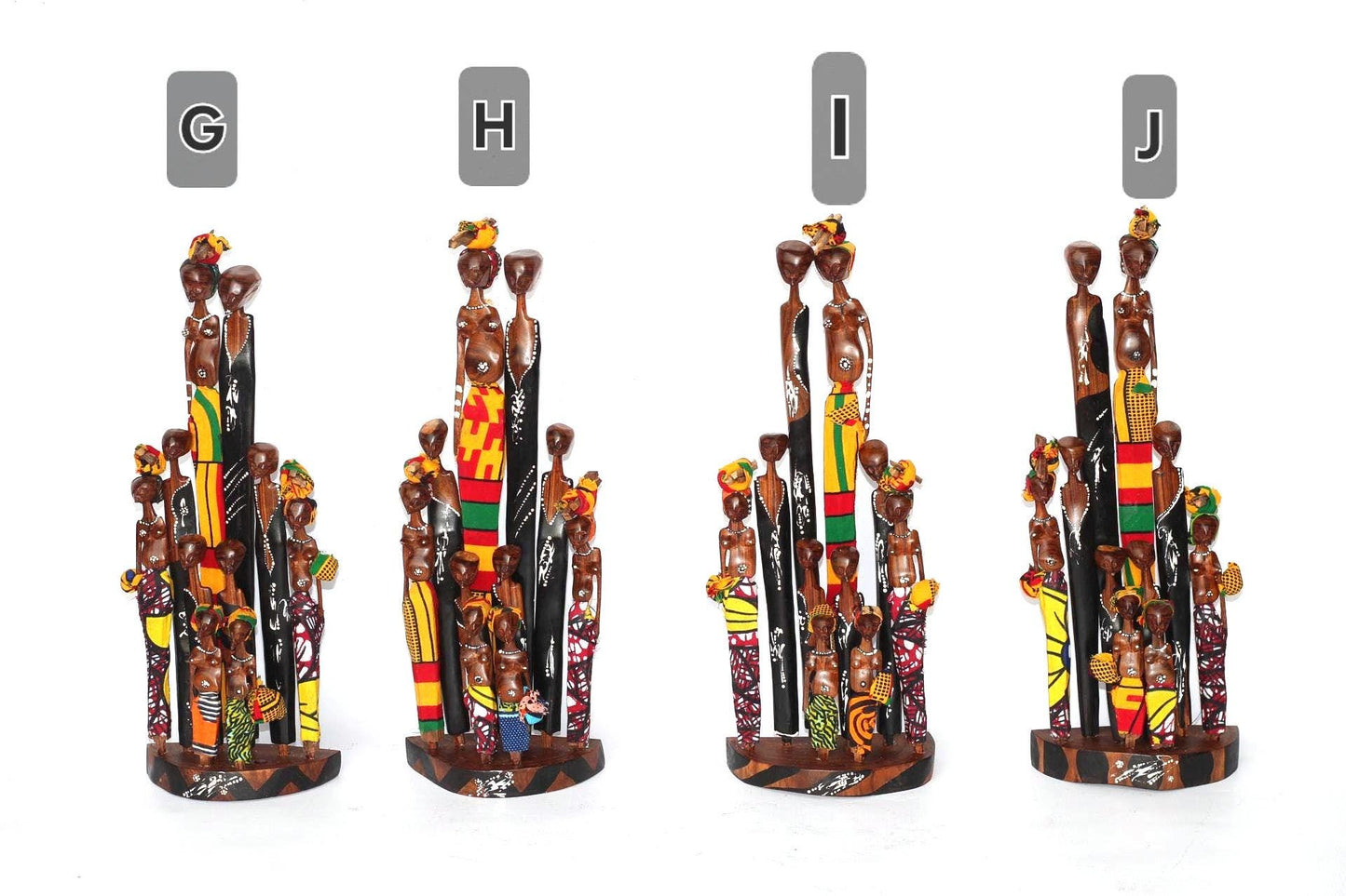 Tall Mozambique Sandalwood carved Maasai Family of 6 or 10. Handmade African Art Decorations. Kitenge Clothed, Painted Sculptures/Figurines