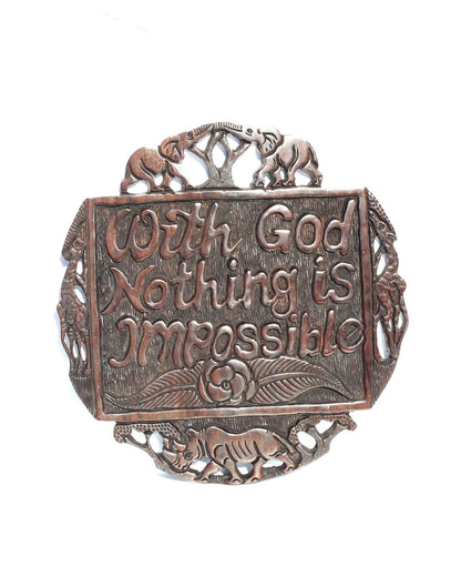 Malawian Handcarved Ironwood Wall Hanging, With God All Things Are Possible, African Wildlife Religious Plaque. Unique Christian Art Gift
