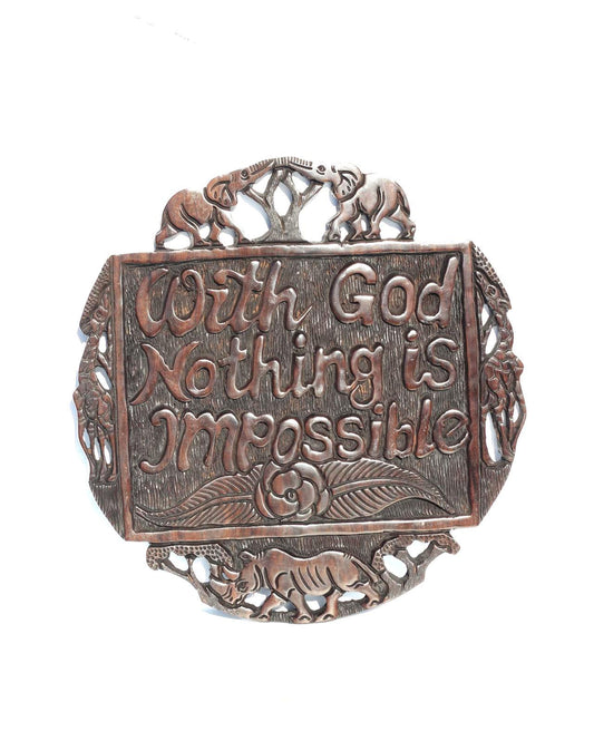 Malawian Handcarved Ironwood Wall Hanging, With God All Things Are Possible, African Wildlife Religious Plaque. Unique Christian Art Gift