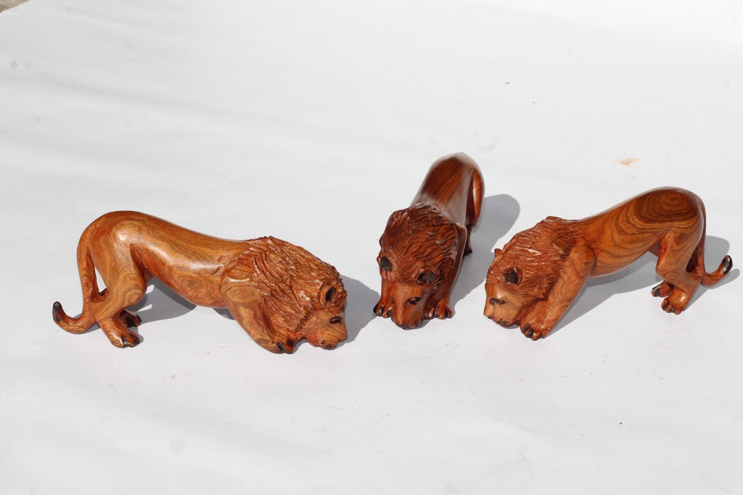 Set of 3 Handcarved African Olive Wood Prowling Lions. Zimbabwean/ African Wood Sculpture .African Wildlife Decor, Graduated Pride of Lions.