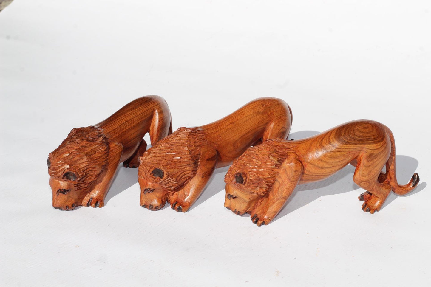 Set of 3 Handcarved African Olive Wood Prowling Lions. Zimbabwean/ African Wood Sculpture .African Wildlife Decor, Graduated Pride of Lions.