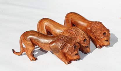 Set of 3 Handcarved African Olive Wood Prowling Lions. Zimbabwean/ African Wood Sculpture .African Wildlife Decor, Graduated Pride of Lions.