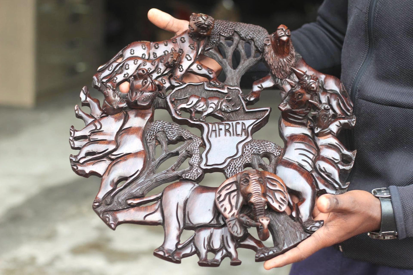 Iron wood 3D handcarved Big five animals and African Map wall decor. Wildlife /Safari Themed Malawi handmade gifts, Ready to Ship Worldwide