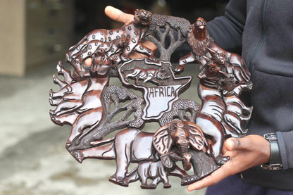 Iron wood 3D handcarved Big five animals and African Map wall decor. Wildlife /Safari Themed Malawi handmade gifts, Ready to Ship Worldwide