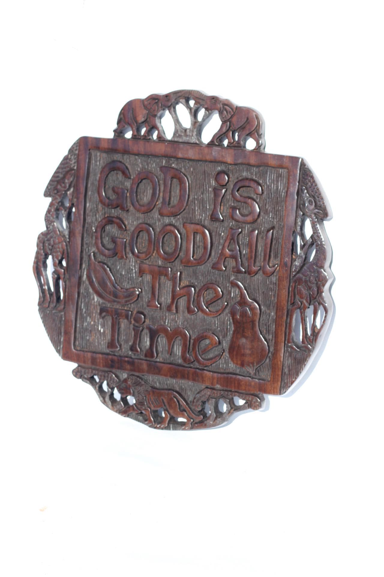 Malawian Handcarved Ironwood Wall Hanging, With God All Things Are Possible, African Wildlife Religious Plaque. Unique Christian Art Gift