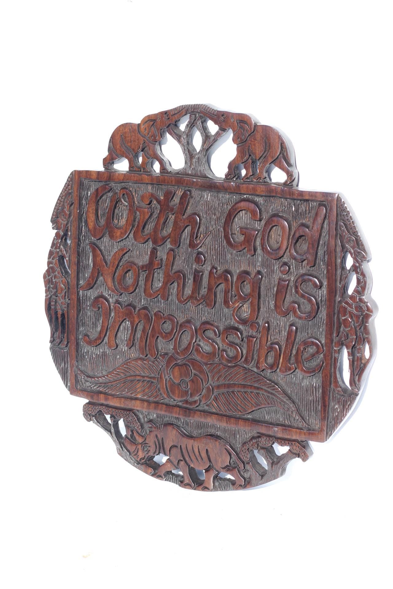 Malawian Handcarved Ironwood Wall Hanging, With God All Things Are Possible, African Wildlife Religious Plaque. Unique Christian Art Gift