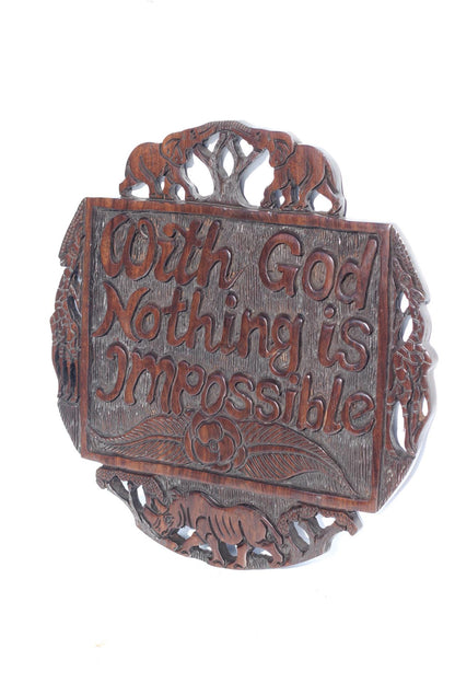 Malawian Handcarved Ironwood Wall Hanging, With God All Things Are Possible, African Wildlife Religious Plaque. Unique Christian Art Gift