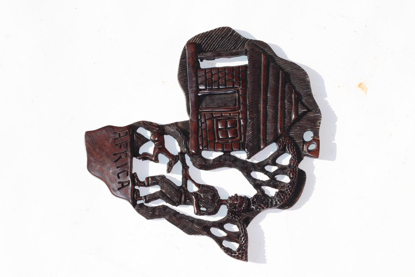 Iron wood Carved villafe theme African Map wall hanging. Hand carved polished Wall Decor Map. Wildlife /Safari African Maps. Ready to Ship