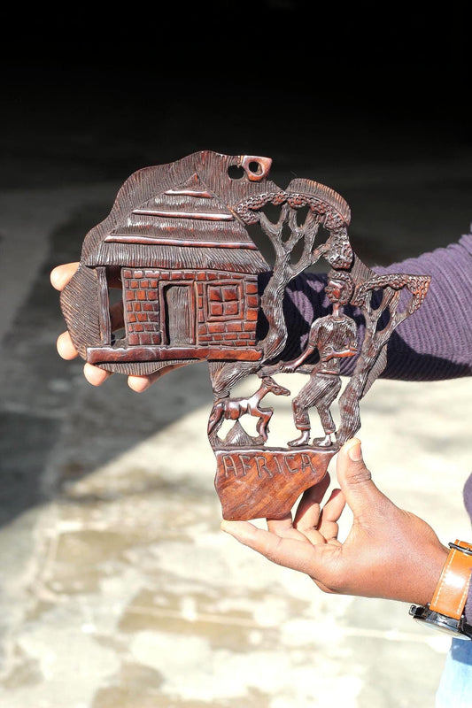 Iron wood Carved villafe theme African Map wall hanging. Hand carved polished Wall Decor Map. Wildlife /Safari African Maps. Ready to Ship