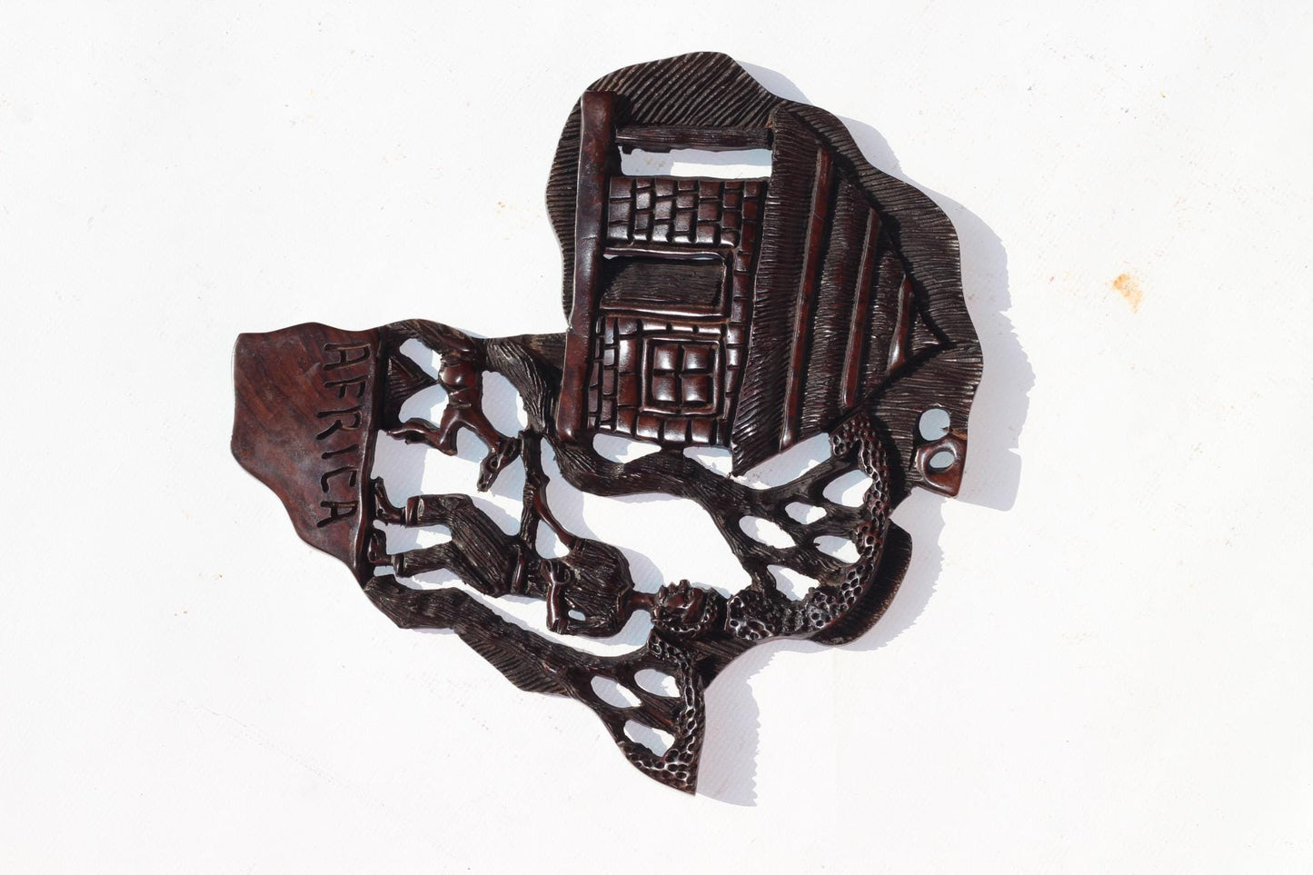Iron wood Carved villafe theme African Map wall hanging. Hand carved polished Wall Decor Map. Wildlife /Safari African Maps. Ready to Ship