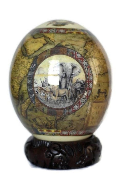Custom Order for Frank, 2 Ostrich Eggs Decoupage Art. Long Horn Front Facing Rhino on an Africa Nova Descriptio Map background. Anniversary Gifts Ready to Ship