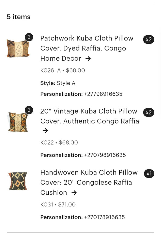 Custom order for Catherine Pruett Set of 5 Unique Vintage Kuba Cloth Cushion covers.